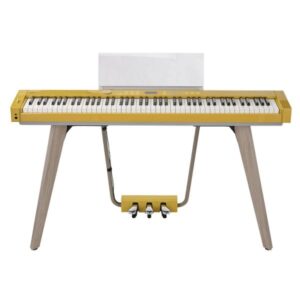 Piano numérique jaune moderne sur pieds en bois avec pédalier intégré, idéal pour amateur et professionnel de la musique.